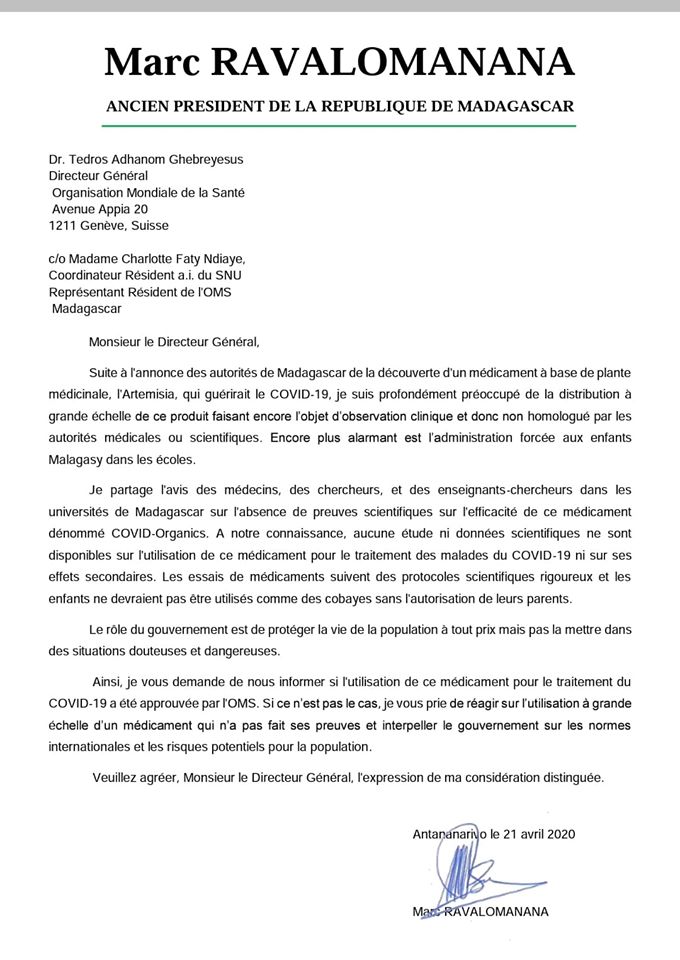 Madagascar / Coronavirus: Marc Ravalomanana opposé au covid organics adresse un message à l'OMS